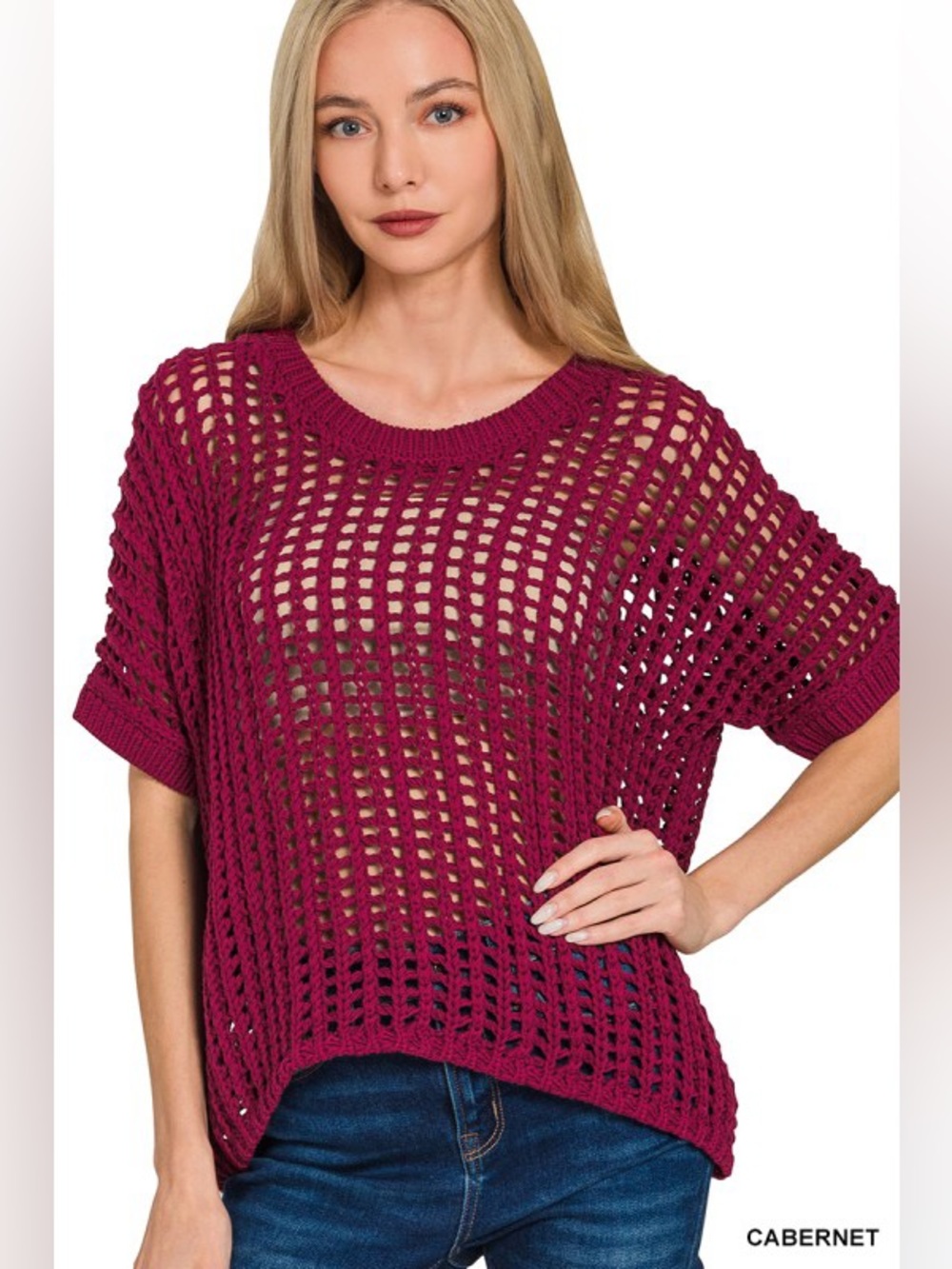 Zenana Cabernet Fish Net Short Sleeve Crochet Sweater